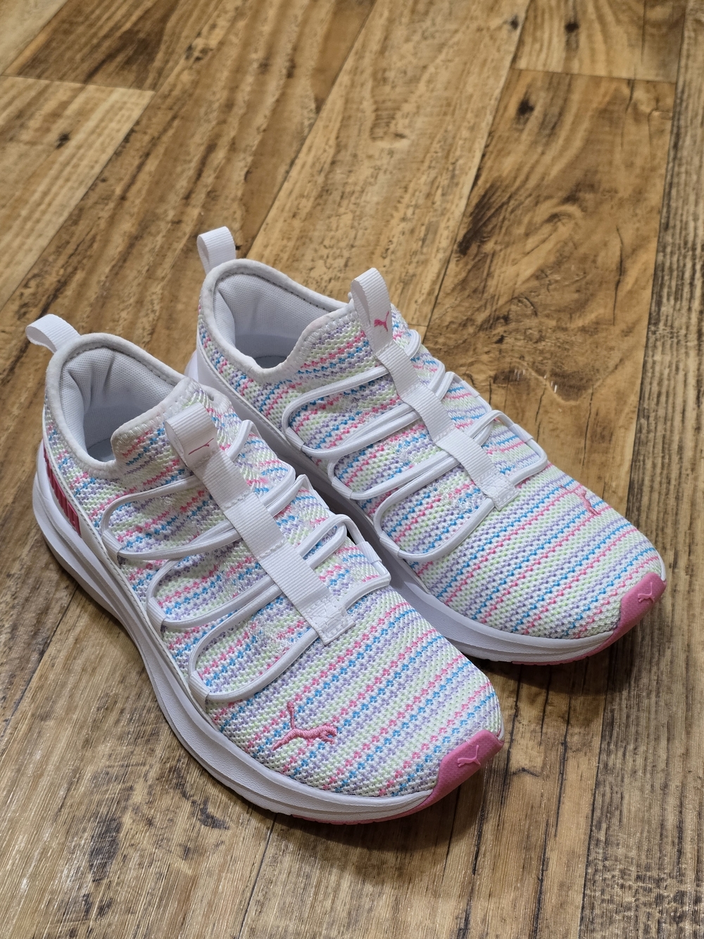 Puma White Multicolor Knit Slip-On Sneakers with Pink Accents